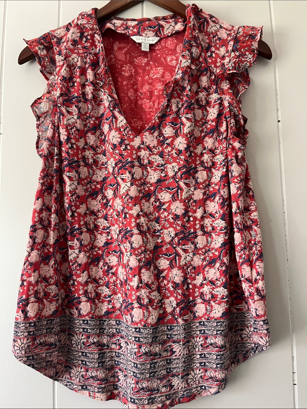LOFT Red Floral V-Neck Ruffle Sleeve Tank - Picture 8 of 9